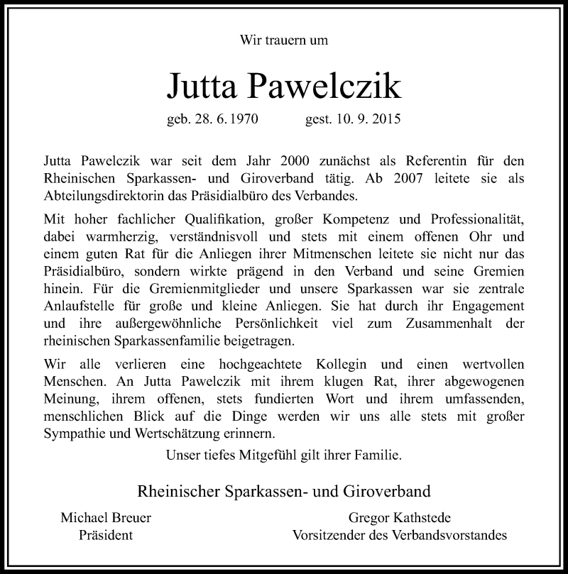  Traueranzeige für Jutta Pawelczik vom 15.09.2015 aus Rheinische Post