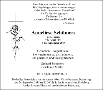 Traueranzeige von Anneliese Schümers von Rheinische Post