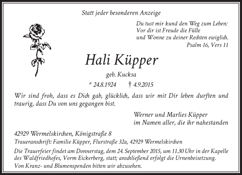  Traueranzeige für Hali Küpper vom 17.09.2015 aus Rheinische Post