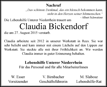 Traueranzeige von Claudia Bickendorf von Rheinische Post