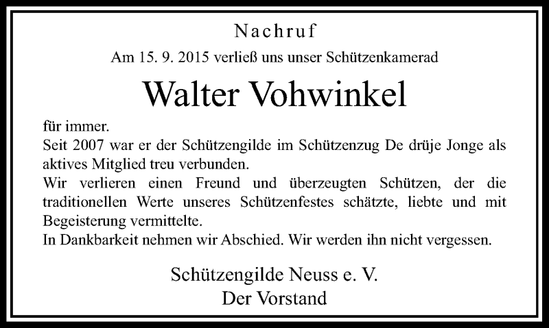  Traueranzeige für Walter Vohwinkel vom 26.09.2015 aus Rheinische Post
