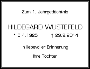 Traueranzeige von Hildegard Wüstefeld von Rheinische Post