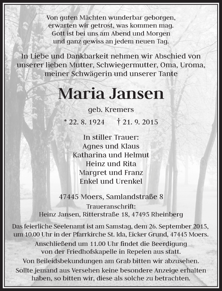  Traueranzeige für Maria Jansen vom 24.09.2015 aus Rheinische Post