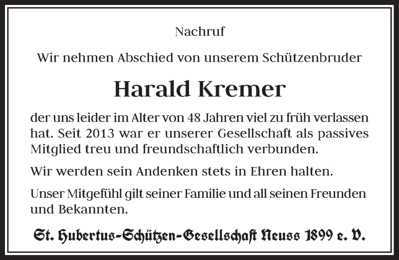  Traueranzeige für Harald Kremer vom 12.09.2015 aus Rheinische Post