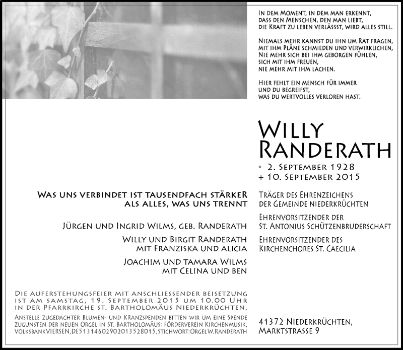  Traueranzeige für Willy Randerath vom 15.09.2015 aus Rheinische Post