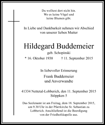 Traueranzeige von Hildegard Buddemeier von Rheinische Post