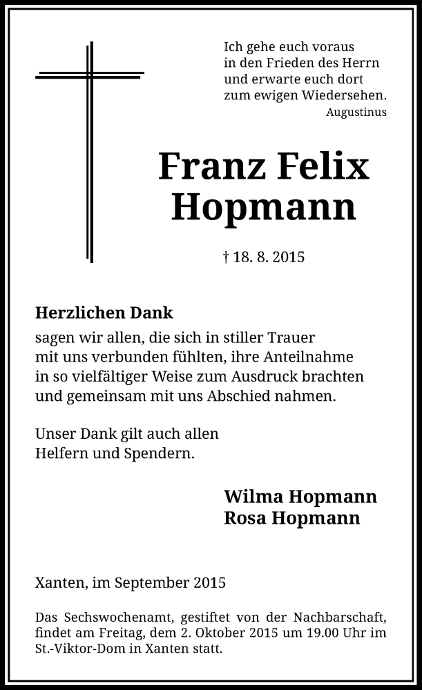  Traueranzeige für Franz Felix Hopmann vom 26.09.2015 aus Rheinische Post