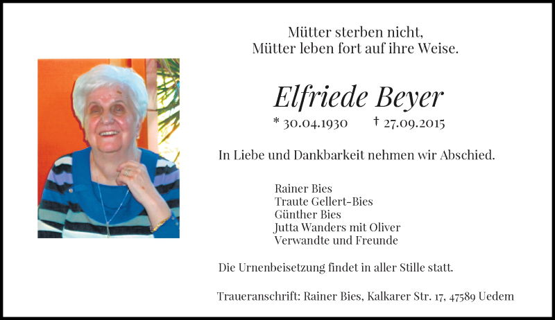  Traueranzeige für Elfriede Beyer vom 03.10.2015 aus Rheinische Post