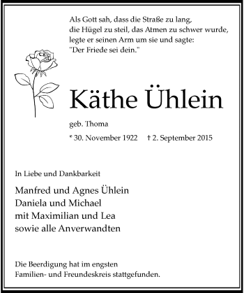 Traueranzeige von Käthe Ühlein von Rheinische Post