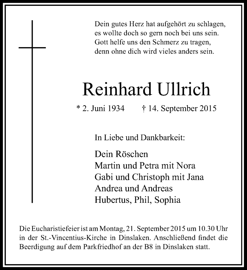  Traueranzeige für Reinhard Ullrich vom 17.09.2015 aus Rheinische Post