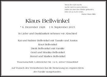 Traueranzeige von Klaus Bellwinkel von Rheinische Post