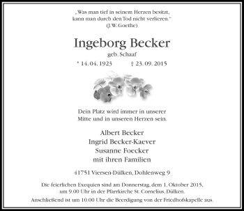 Traueranzeige von Ingeborg Becker von Rheinische Post
