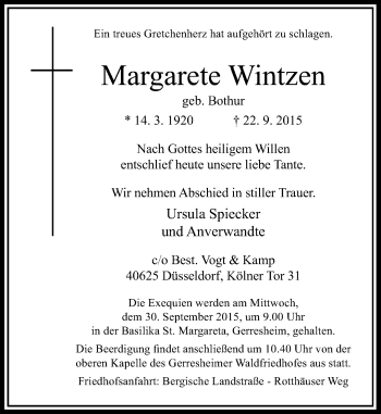 Traueranzeige von Margarete Wintzen von Rheinische Post