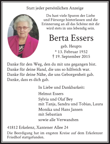 Traueranzeige von Berta Essers von Rheinische Post