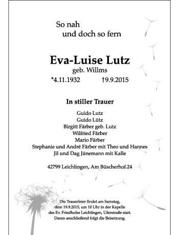 Traueranzeige von Eva-Luise Lutz von Rheinische Post