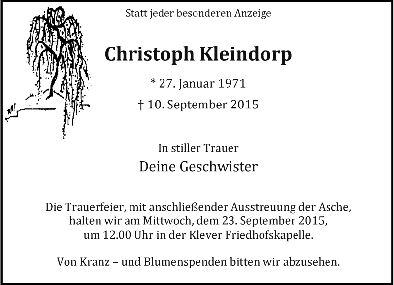  Traueranzeige für Christoph Kleindorp vom 19.09.2015 aus Rheinische Post