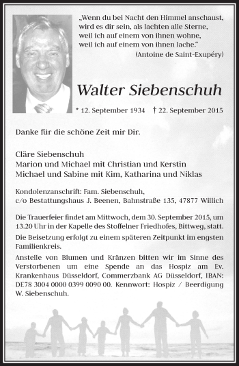 Traueranzeige von Walter Siebenschuh von Rheinische Post