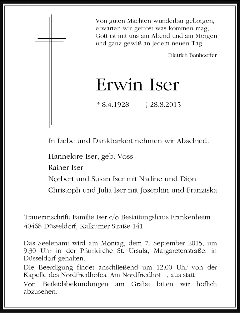  Traueranzeige für Erwin Iser vom 02.09.2015 aus Rheinische Post