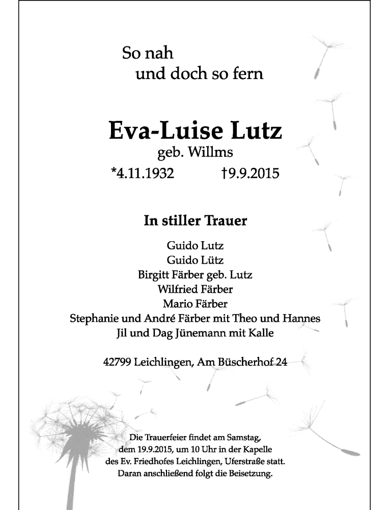  Traueranzeige für Eva-Luise Lutz vom 16.09.2015 aus Rheinische Post