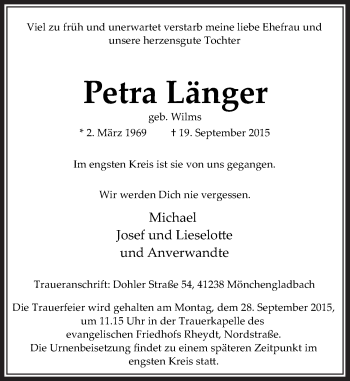 Traueranzeige von Petra Länger von Rheinische Post