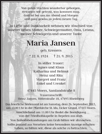 Traueranzeige von Maria Jansen von Rheinische Post