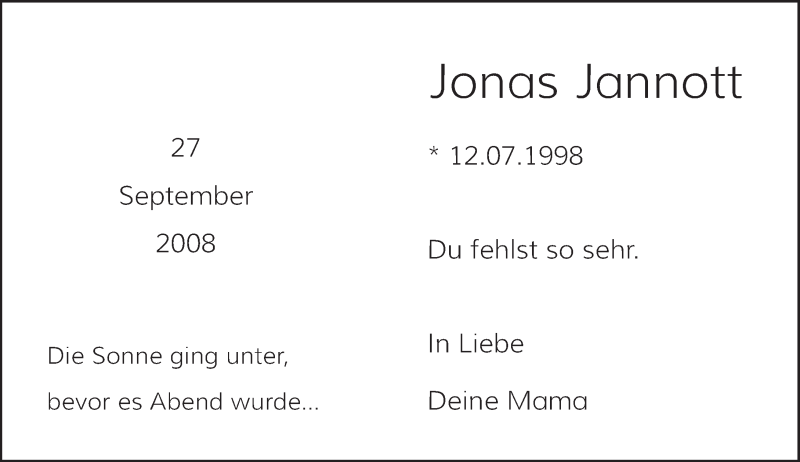  Traueranzeige für Jonas Jannott vom 26.09.2015 aus Rheinische Post