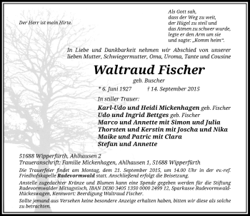 Traueranzeige von Waltraud Fischer von Rheinische Post