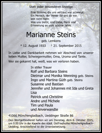 Traueranzeige von Marianne Steins von Rheinische Post