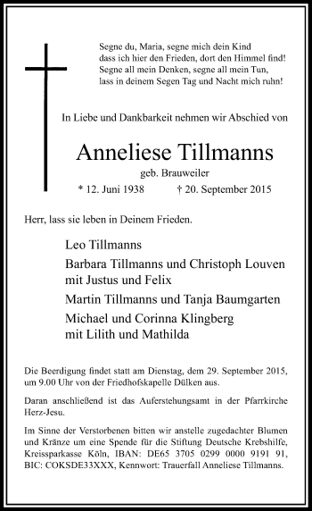 Traueranzeige von Anneliese Tillmanns von Rheinische Post