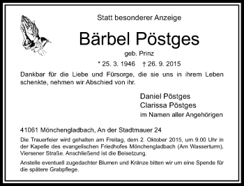 Traueranzeige von Bärbel Pöstges von Rheinische Post