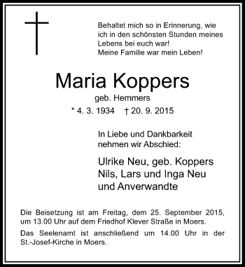 Traueranzeige von Maria Koppers von Rheinische Post