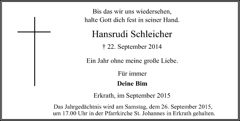  Traueranzeige für Hansrudi Schleicher vom 22.09.2015 aus Rheinische Post