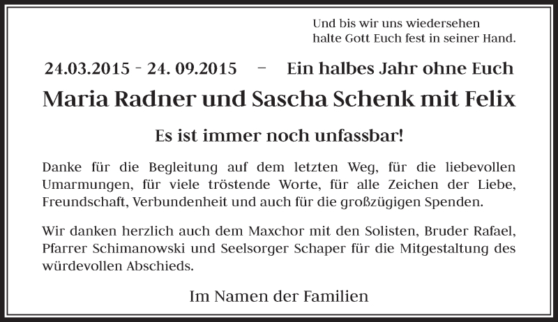  Traueranzeige für Maria Radner vom 26.09.2015 aus Rheinische Post