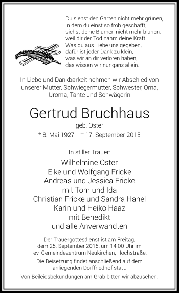 Traueranzeige von Gertrud Bruchhaus von Rheinische Post