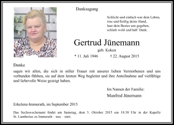 Traueranzeige von Gertrud Jünemann von Rheinische Post