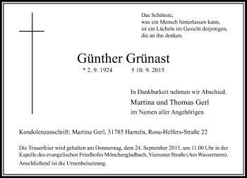 Traueranzeige von Günther Grünast von Rheinische Post