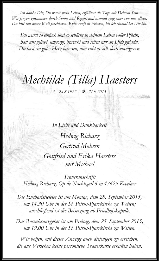  Traueranzeige für Mechtilde Haesters vom 24.09.2015 aus Rheinische Post