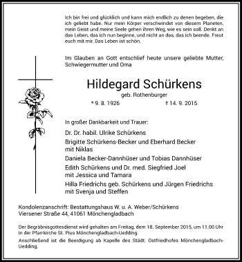 Traueranzeige von Hildegard Schürkens von Rheinische Post