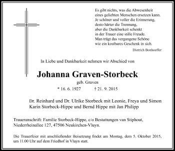 Traueranzeige von Johanna Graven-Storbeck von Rheinische Post