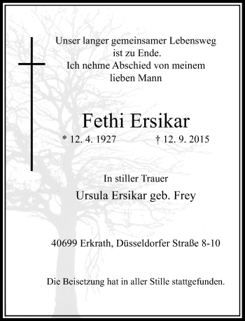 Traueranzeige von Fethi Ersikar von Rheinische Post