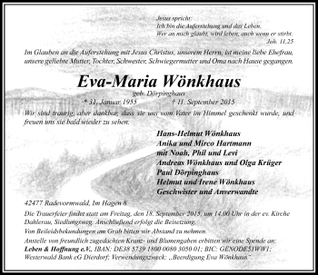 Traueranzeige von Eva-Maria Wönkhaus von Rheinische Post