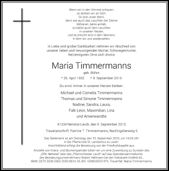 Traueranzeige von Maria Timmermanns von Rheinische Post