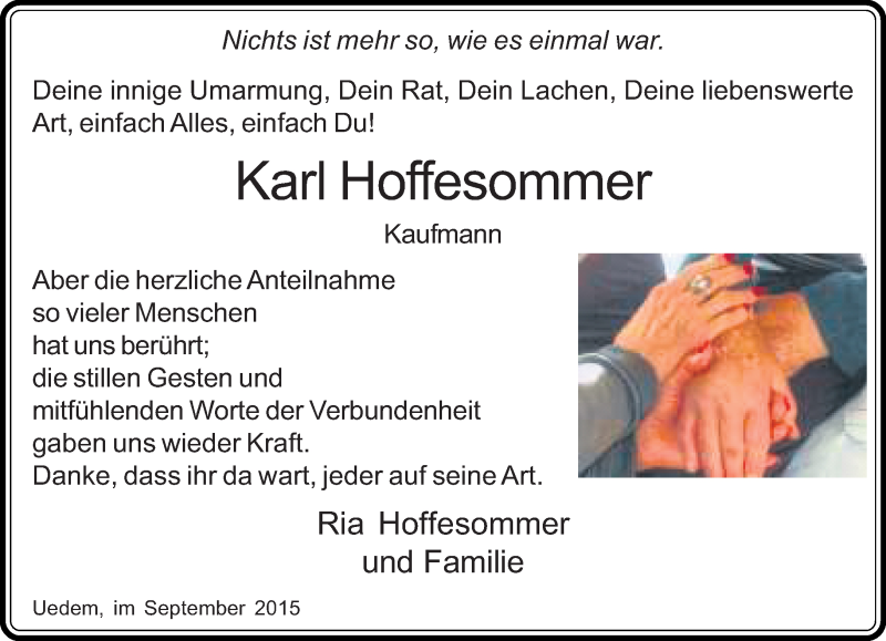  Traueranzeige für Karl Hoffesommer vom 26.09.2015 aus Rheinische Post