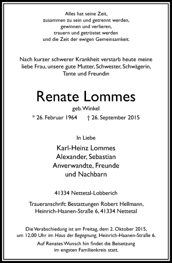 Traueranzeige von Renate Lommes von Rheinische Post