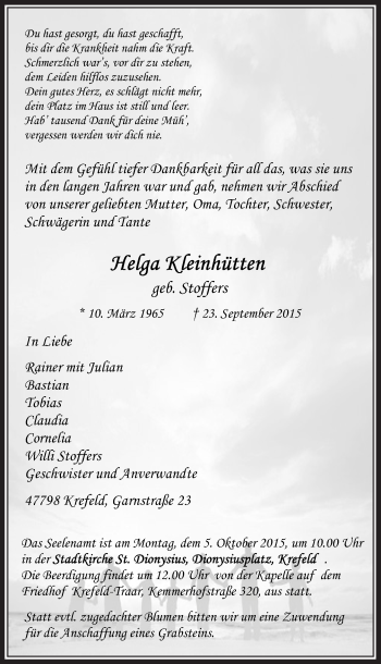 Traueranzeige von Helga Kleinhütten von Rheinische Post