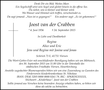 Traueranzeige von Joost van der Crabben von Rheinische Post