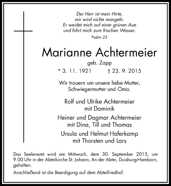 Traueranzeige von Marianne Achtermeier von Rheinische Post