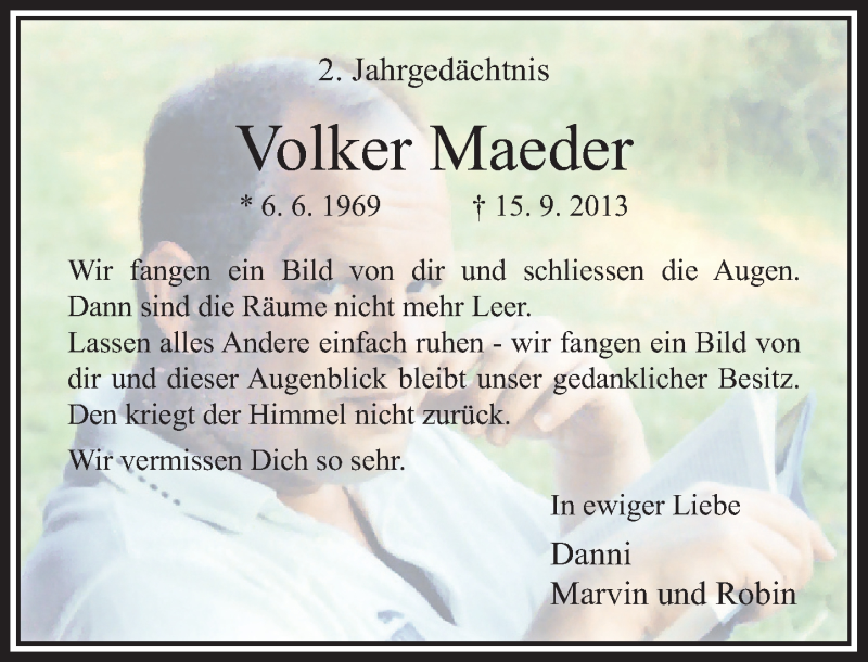  Traueranzeige für Volker Maeder vom 15.09.2015 aus Rheinische Post