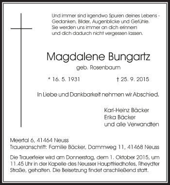 Traueranzeige von Magdalene Bungartz von Rheinische Post