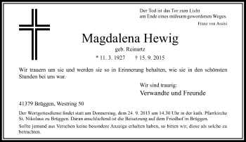 Traueranzeige von Magdalena Hewig von Rheinische Post